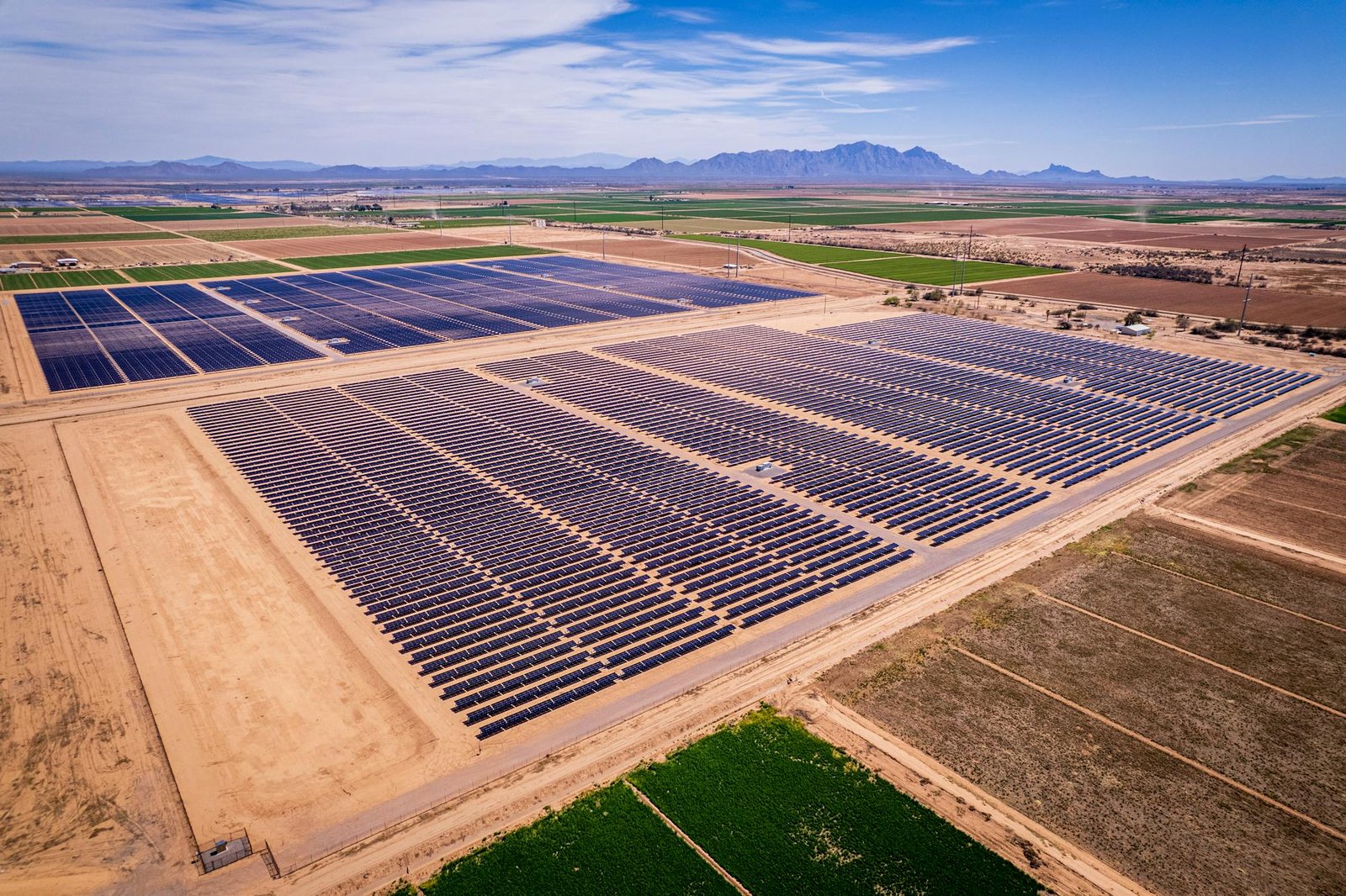 Aerial of utility-scale solar farm